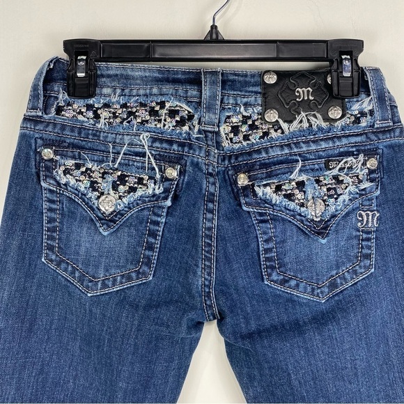 Miss Me Beaded Sequin Signature Boot Cut Dark Wash Denim Full Length Jeans 27 - Picture 3 of 5